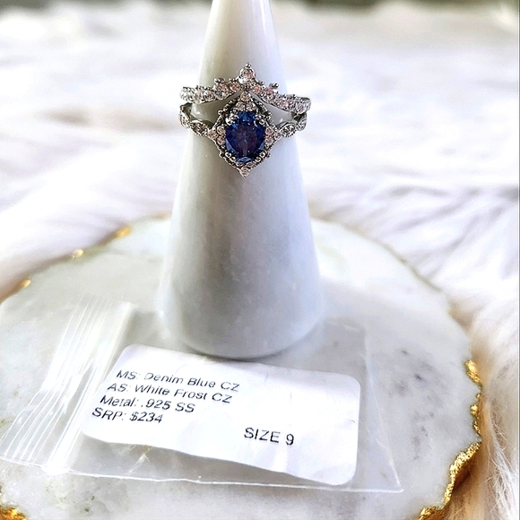 NWT Ryze Denim Blue Cubic Zirconia .925 Sterling Silver Double Ring - Size 9 - Picture 6 of 10